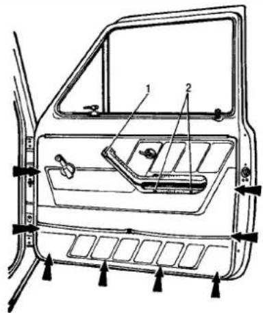 Technical diagram of a vehicle door with labeled components and directional arrows indicating parts of the frame.
