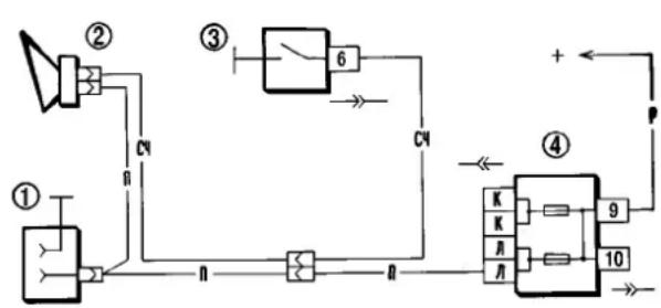 graph TD A["①"] --> B["Switch"] B --> C["②"] C --> D["Capacitor 6"] D --> E["Switch"] E --> F["③"] F --> G["Logic Gate 9"] G --> H["Output +"] H --> I["Output 10"] I --> J["Feedback to Ground"] J --> K["Switch"] K --> L["④"] L --> M["Output +"] M --> N["Output 10"]