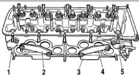Technical diagram of an engine cylinder head with numbered components for identification