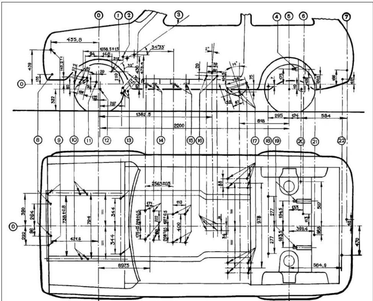 Technical engineering drawing with detailed dimensions and annotations for a mechanical part