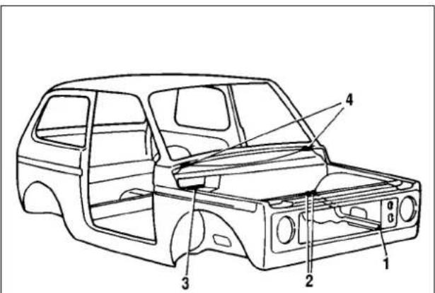 Technical diagram of a car body with numbered components for identification