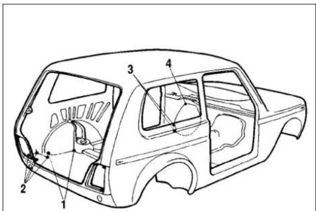 Technical diagram of a car body with numbered components for identification