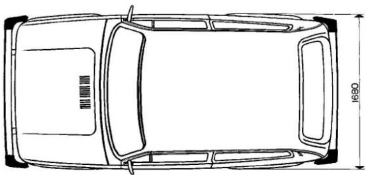 Top-down line drawing of a car showing front and rear views with dimension标注 (no text or symbols)