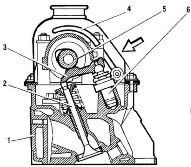 Technical diagram of a mechanical device with numbered components and directional arrow indicating motion or force