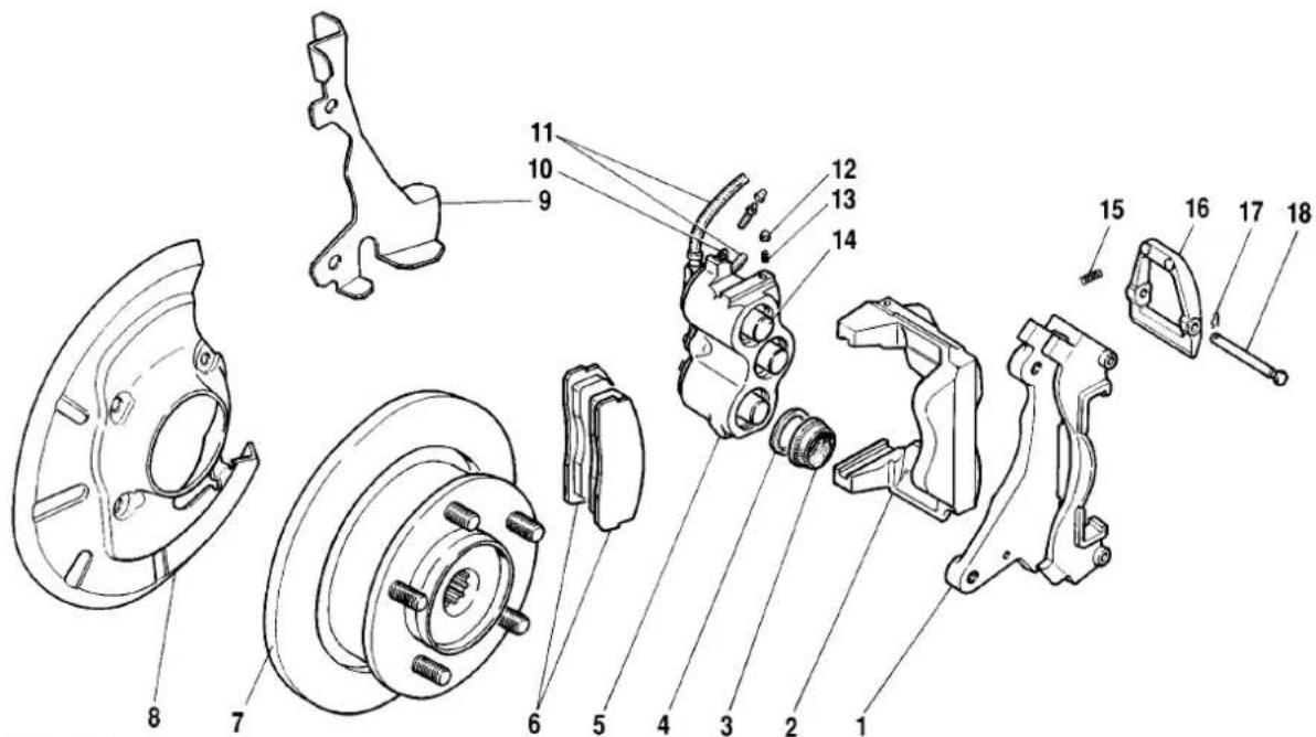 Exploded view diagram of automotive brake system components with numbered parts for identification