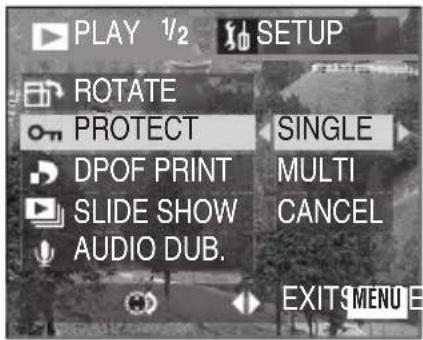 PLAY 1/2 SETUP ROTATE PROTECT SINGLE DPOF PRINT MULTI SLIDE SHOW CANCEL AUDIO DUB. EXIT MENU E