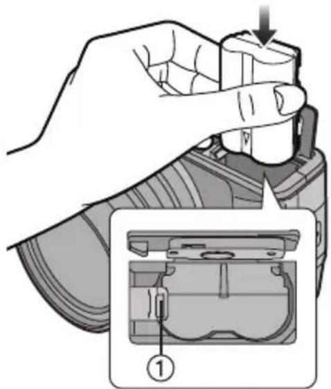 Diagram showing a hand holding a cylindrical object with an arrow pointing to it, and an inset view of a device casing with internal components labeled ①.