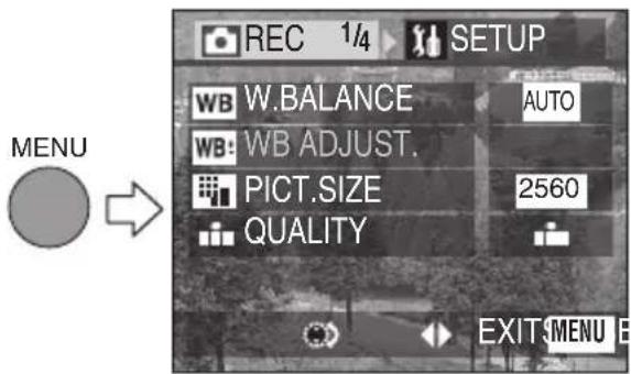 REC 1/4 SETUP WB W.BALANCE AUTO WB WB ADJUST. PICT.SIZE 2560 QUALITY MENU → EXIT MENU E