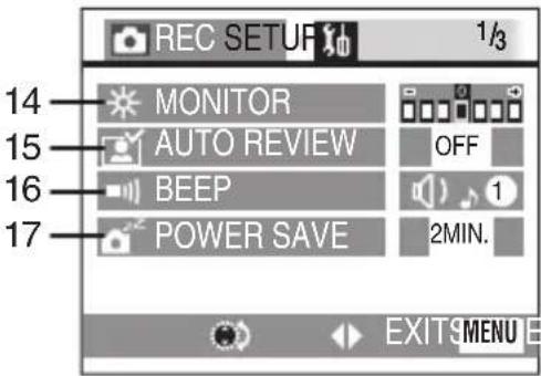 REC SETUP 1/3 14 MONITOR AUTO REVIEW OFF 16 BEEP POWER SAVE 2MIN. 17 EXITSMENU