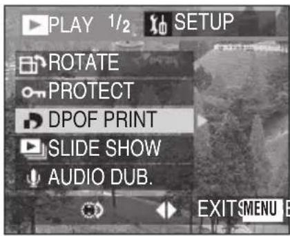 PLAY 1/2 SETUP ROTATE PROTECT DPOF PRINT SLIDE SHOW AUDIO DUB. EXITSMENU B