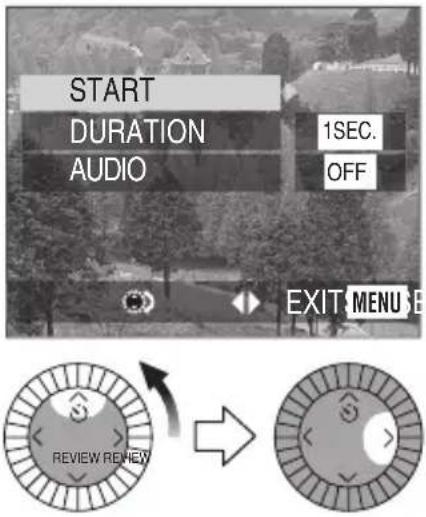 START DURATION AUDIO 1SEC. OFF EXIT MENU E REVIEW REVIEW