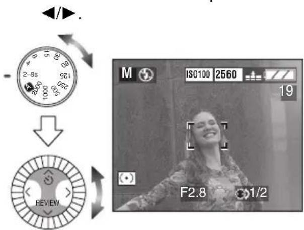 Camera settings interface showing dial, review button, and exposure mode with ISO100 and F2.8 settings