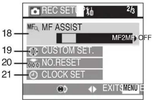 REC SET 2/3 MF ASSIST MF2MF OFF 18 CUSTOM SET. 20 NO.RESET 21 CLOCK SET EXIT MENU