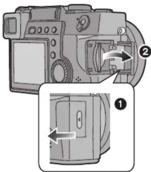 Diagram of a DSLR camera showing internal components and directional arrows, labeled with numbers 1 and 2.