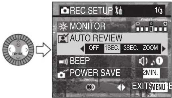 REC SETUP 1/3 MONITOR AUTO REVIEW OFF 1SEC. 3SEC. ZOOM BEEP POWER SAVE 2MIN. EXIT MENU E