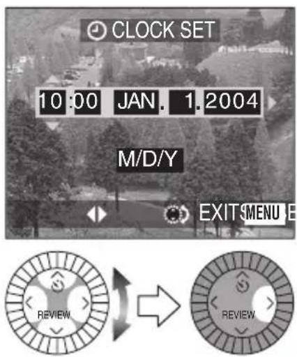 CLOCK SET 10:00 JAN. 1.2004 M/D/Y EXIT MENU E REVIEW REVIEW