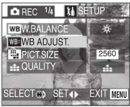 REC 1/4 SETUP WB W.BALANCE WB WB ADJUST. PICT.SIZE 2560 QUALITY SELECT SET EXIT MENU