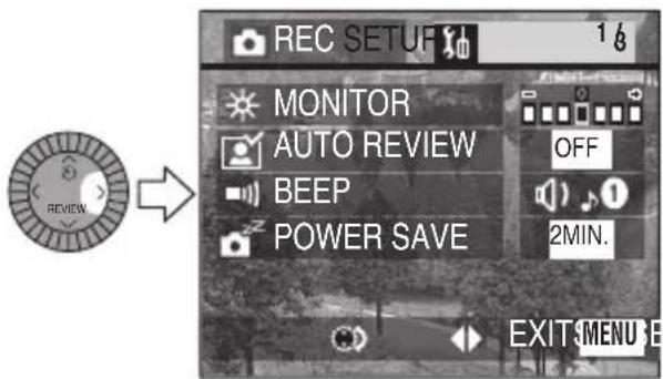 REC SETUP MONITOR AUTO REVIEW BEEP POWER SAVE OFF 2MIN. EXIT MENU E