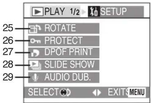 PLAY 1/2 SETUP 25 ROTATE 26 PROTECT 27 DPOF PRINT 28 SLIDE SHOW 29 AUDIO DUB. SELECT EXIT MENU