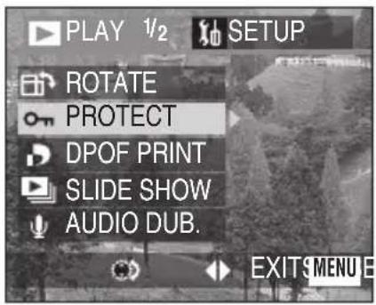 PLAY 1/2 SETUP ROTATE PROTECT DPOF PRINT SLIDE SHOW AUDIO DUB. EXIT$ MENU E