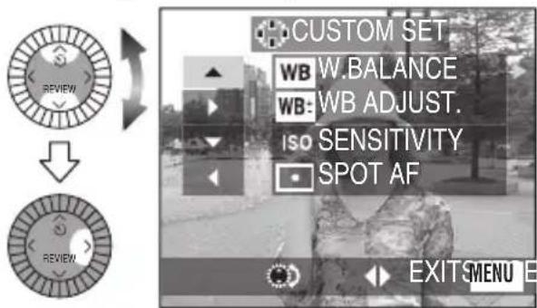 CUSTOM SET WB W.BALANCE WB: WB ADJUST. ISO SENSITIVITY SPOT AF EXIT MENU