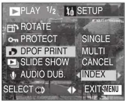 PLAY 1/2 SETUP ROTATE SINGLE PROTECT MULTI DPOF PRINT CANCEL SLIDE SHOW INDEX AUDIO DUB. SELECT EXIT MENU