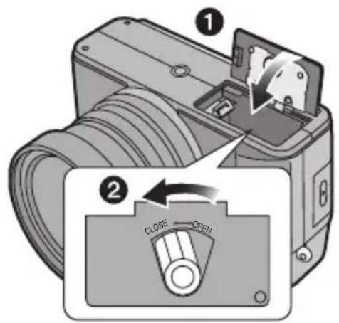 Diagram showing a device with labeled parts and an open switch mechanism, illustrating mechanical operation steps.