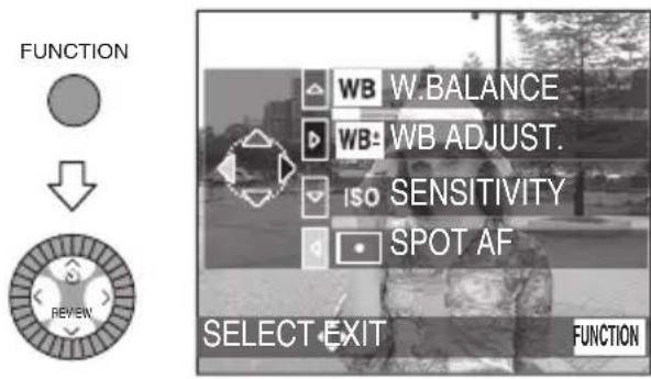 FUNCTION WB W.BALANCE WB: WB ADJUST. ISO SENSITIVITY SPOT AF REVIEW SELECT EXIT FUNCTION