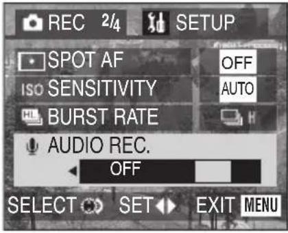 REC 2/4 SETUP SPOT AF ISO SENSITIVITY BURST RATE AUDIO REC. OFF SELECT SET EXIT MENU