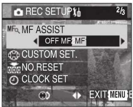 REC SETUP 2/3 MF ASSIST OFF MF/MF CUSTOM SET. NO.RESET CLOCK SET EXIT MENU E