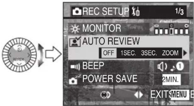 REC SETUP 1/3 MONITOR AUTO REVIEW OFF 1SEC. 3SEC. ZOOM BEEP POWER SAVE 2MIN. EXIT MENU E
