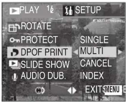 PLAY 1¢ SETUP ROTATE PROTECT SINGLE DPOF PRINT MULTI SLIDE SHOW CANCEL AUDIO DUB. INDEX EXIT MENU E