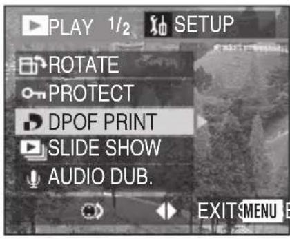 PLAY 1/2 SETUP ROTATE PROTECT DPOF PRINT SLIDE SHOW AUDIO DUB. EXIT MENU E