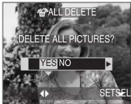 ALL DELETE DELETE ALL PICTURES? YES NO SETSEL