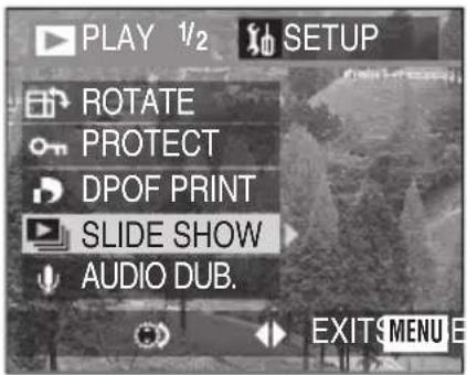 PLAY 1/2 SETUP ROTATE PROTECT DPOF PRINT SLIDE SHOW AUDIO DUB. EXIT MENU E
