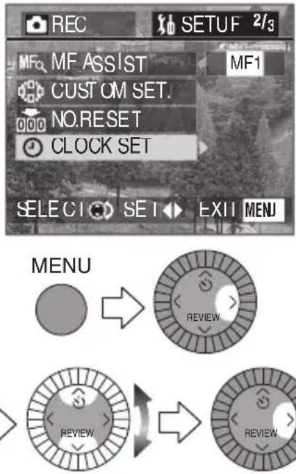 REC SETUF 2/3 MF0 MF ASSIST CUSTOM SET. NO RESET CLOCK SET SELECT SET EXIT MENU MENU REVIEW REVIEW REVIEW