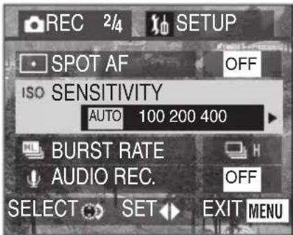 REC 2/4 SETUP SPOT AF OFF ISO SENSITIVITY AUTO 100 200 400 BURST RATE AUDIO REC. OFF SELECT SET EXIT MENU