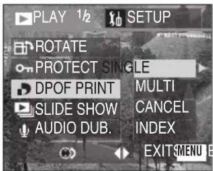 PLAY 1/2 SETUP ROTATE PROTECT SINGLE DPOF PRINT MULTI SLIDE SHOW CANCEL AUDIO DUB. INDEX EXIT MENU E