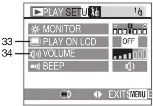 PLAY SETU 1/3 MONITOR PLAY ON LCD VOLUME BEEP OFF 33 34 EXIT MENU