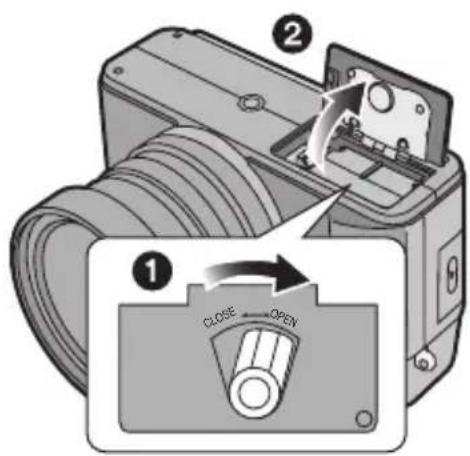 Diagram showing a device with labeled parts and an open switch mechanism, illustrating mechanical operation steps.
