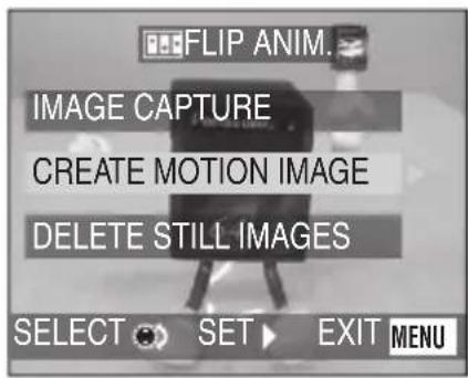 FLIP ANIM. IMAGE CAPTURE CREATE MOTION IMAGE DELETE STILL IMAGES SELECT SET EXIT MENU