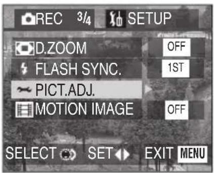 REC 3/4 SETUP D.ZOOM OFF FLASH SYNC. 1ST PICT.ADJ. MOTION IMAGE OFF SELECT SET EXIT MENU