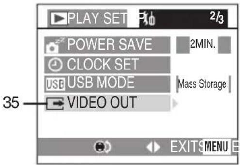 PLAY SET 2/3 POWER SAVE 2MIN. CLOCK SET USB USB MODE Mass Storage VIDEO OUT 35 EXIT MENU