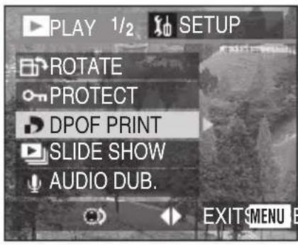 PLAY 1/2 SETUP ROTATE PROTECT DPOF PRINT SLIDE SHOW AUDIO DUB. EXIT MENU B