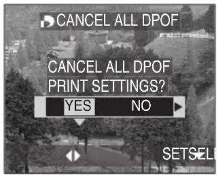 CANCEL ALL DPOF CANCEL ALL DPOF PRINT SETTINGS? YES NO SETSELL