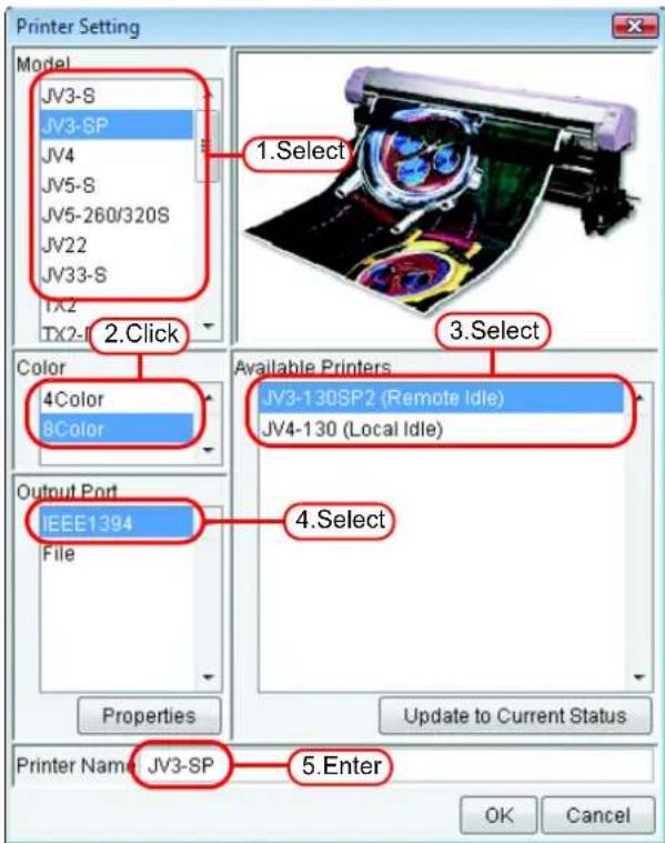 Printer Setting Model JV3-S JV3-SP JV4 JV5-S JV5-260/320S JV22 JV33-S TX2 TX2-1 1.Select 2.Click Color 4Color 8Color Output Port IEEE1394 File Properties Available Printers JV3-130SP2 (Remote Idle) JV4-130 (Local Idle) 4.Select Printer Name: JV3-SP 5.Enter Update to Current Status OK Cancel