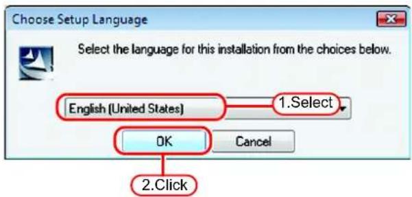 Choose Setup Language Select the language for this installation from the choices below. English (United States) 1. Select OK Cancel 2. Click
