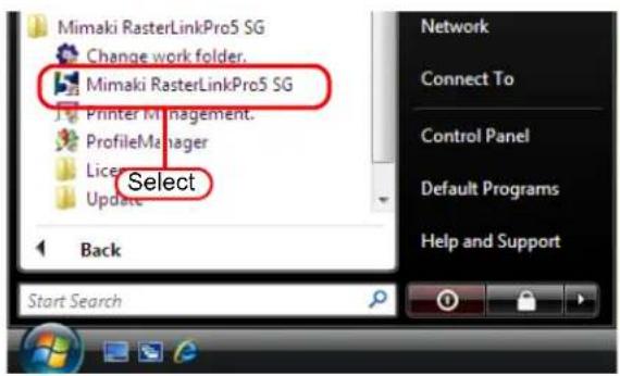 Mimaki RasterLinkPro5 SG Change work folder. Mimaki RasterLinkPro5 SG Printer Management. ProfileManager License Update Select Back Start Search Network Connect To Control Panel Default Programs Help and Support