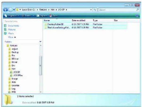 Local Disk/Ctrl > FcclLink > Hot > JV3-SP > Originator > 100% Views > Capture > Date Favorite Links Documents Pictures Music More > Folders FcclLink Adjust Backup Bin DBDriver Driver Env Hot JV3-SP JV3-SPWin Image Jobs Localize Log PPD Name Data modified Type Size DesktopFolderDB 6/18/2007 5.29 PM File Folder Thatch SomaliaSettingsFile... 6/18/2007 5.29 PM File Folder 2 items selected Date modified: 6/18/2007 5.29 PM