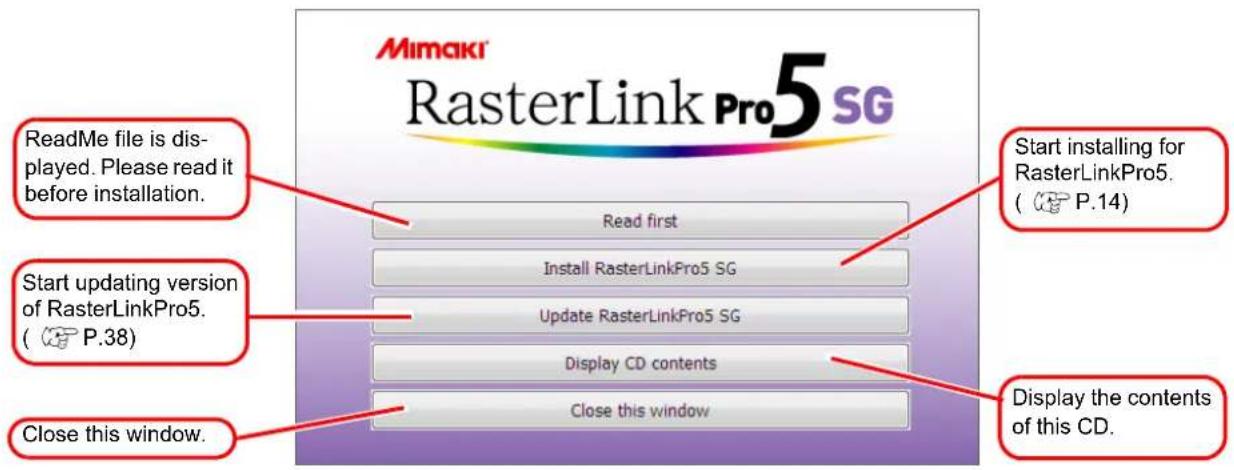 Mimaki® RasterLink Pro5 SG ReadMe file is dis- played. Please read it before installation. Start updating version of RasterLinkPro5. ( P.38 ) Close this window. Read first Install RasterLinkPro5 SG Update RasterLinkPro5 SG Display CD contents Close this window Start installing for RasterLinkPro5. ( P.14 ) Display the contents of this CD.